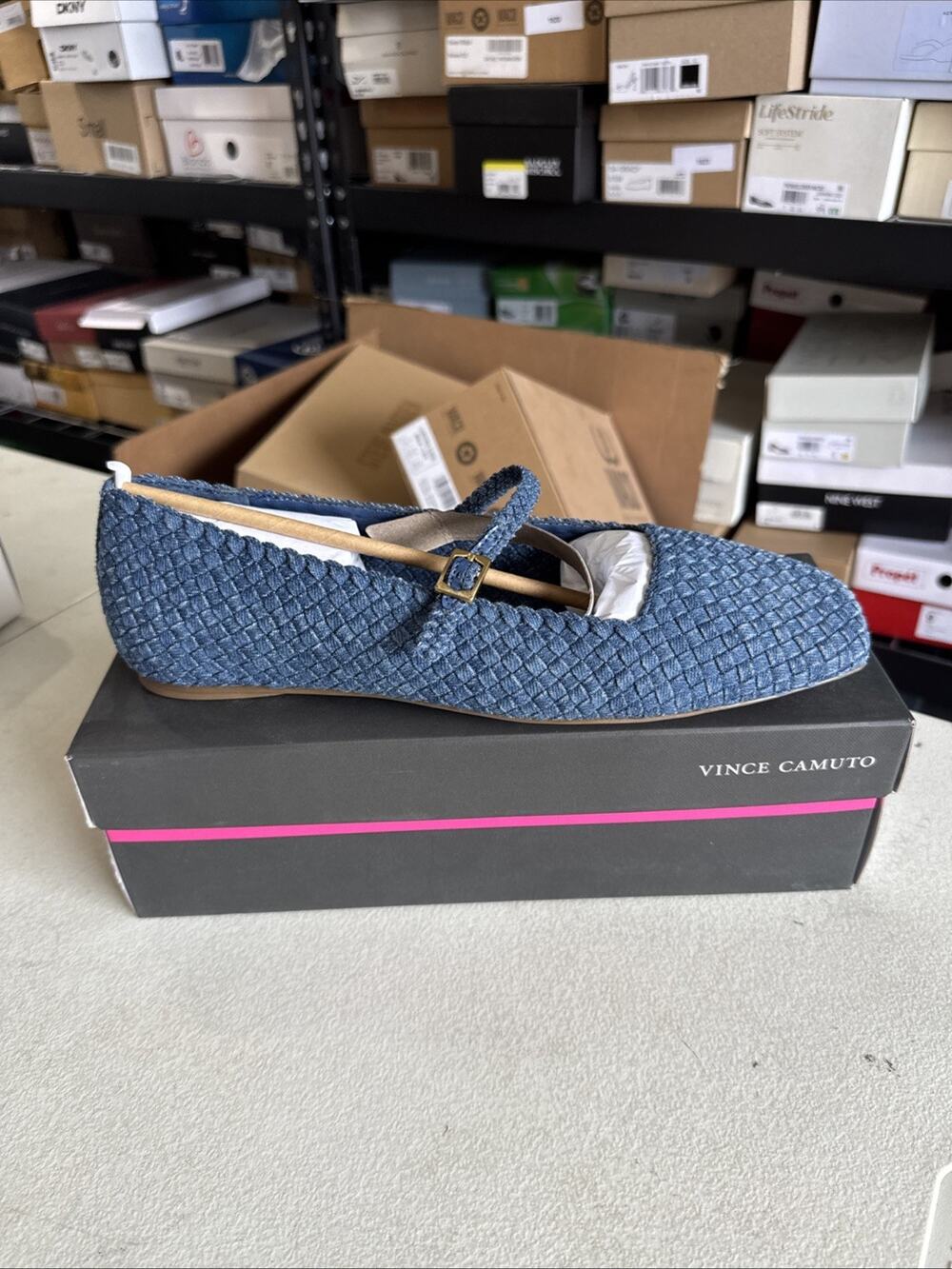 Women 12 Vince Camuto Vinley Woven Mary Jane Flat, Element Indigo M